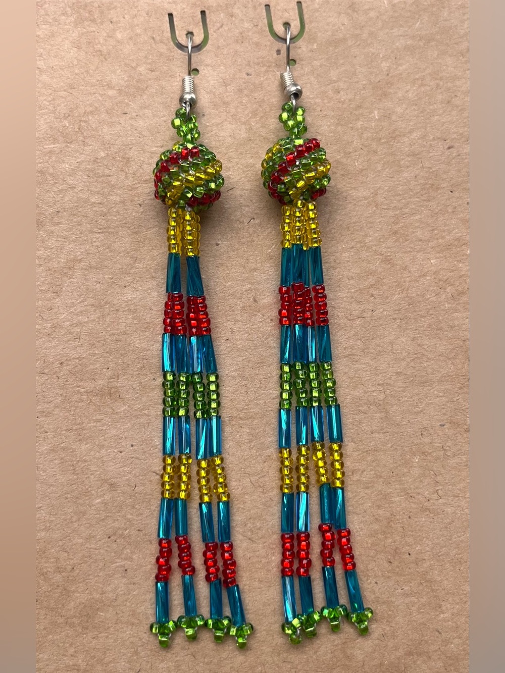 Handmade Beaded Tassel Earrings – Multicolor (Red, Green, Yellow, Blue)